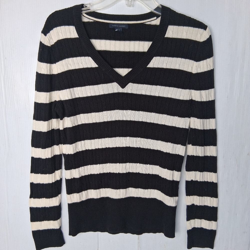 Tommy Hilfiger Black and White Striped V-Neck Sweater Womens Size L